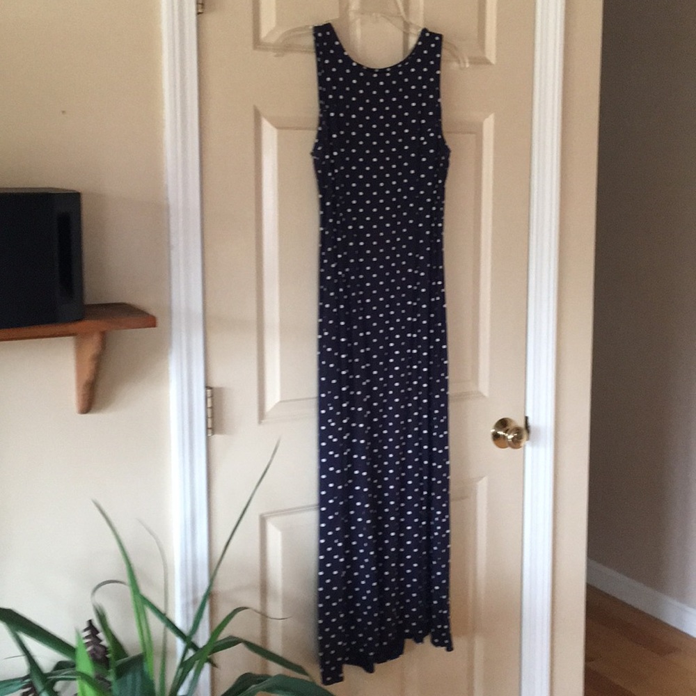 Navy blue and Cream A -line dress w/tie back.
